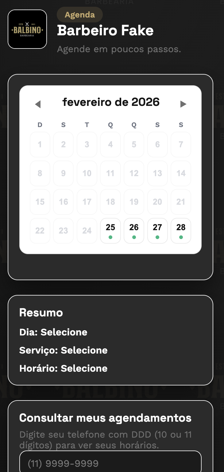 Tela de agendamento para o cliente escolher data e horário
