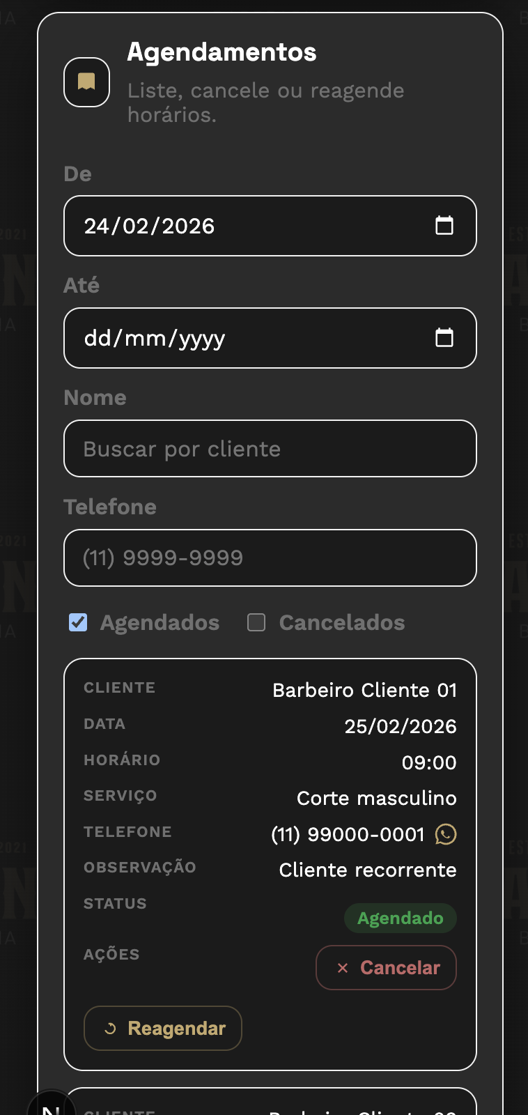 Tela com lista de agendamentos do gestor
