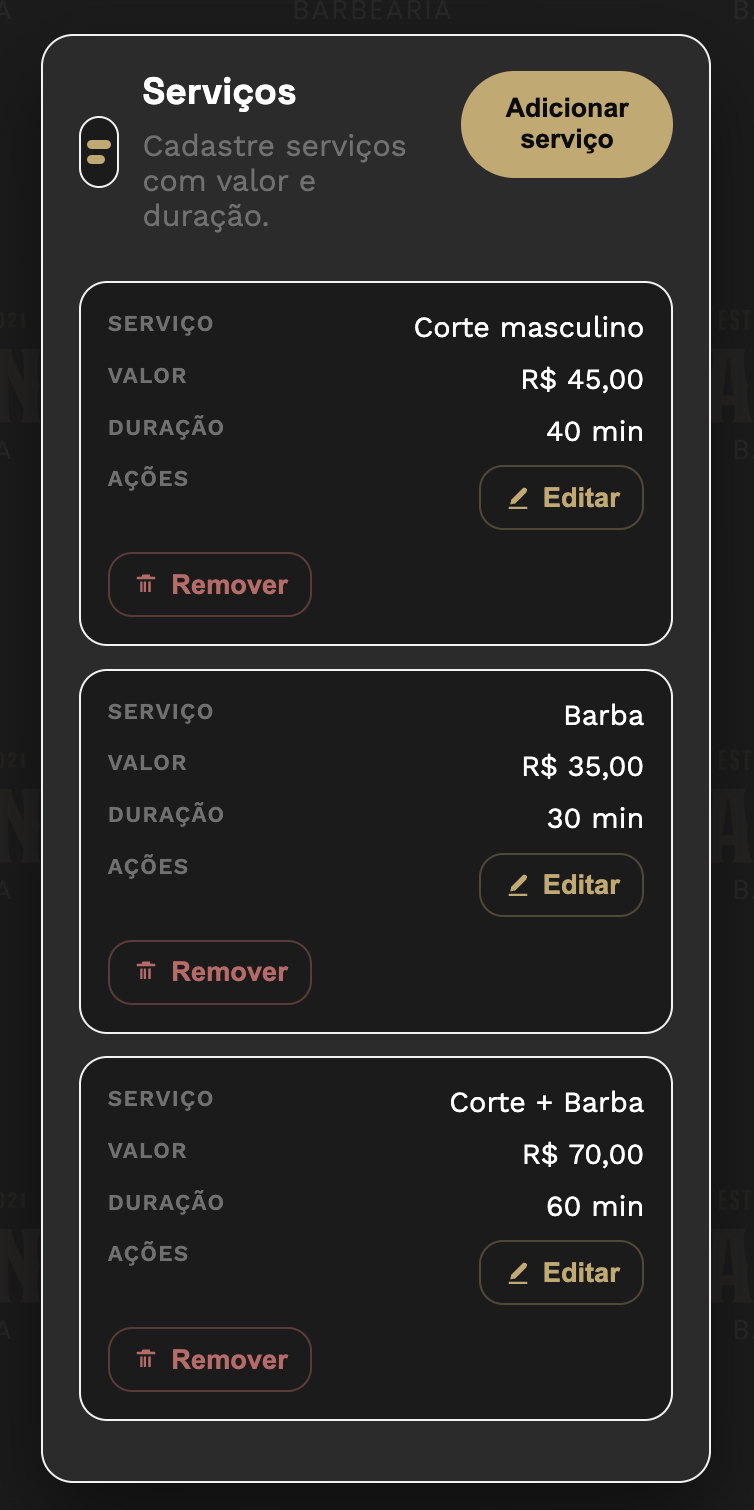 Tela para definir serviços no painel do gestor