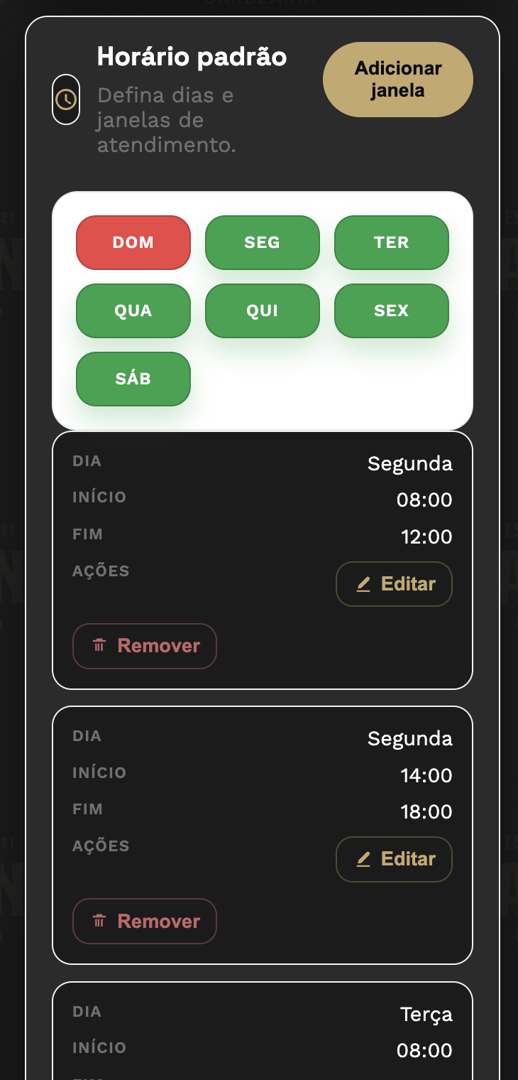 Tela para configurar horários e dias de atendimento